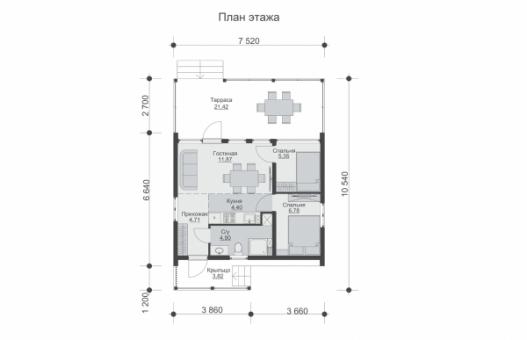 Проект одноэтажного дома с деревянным каркасом, отделкой планкеном и террасой